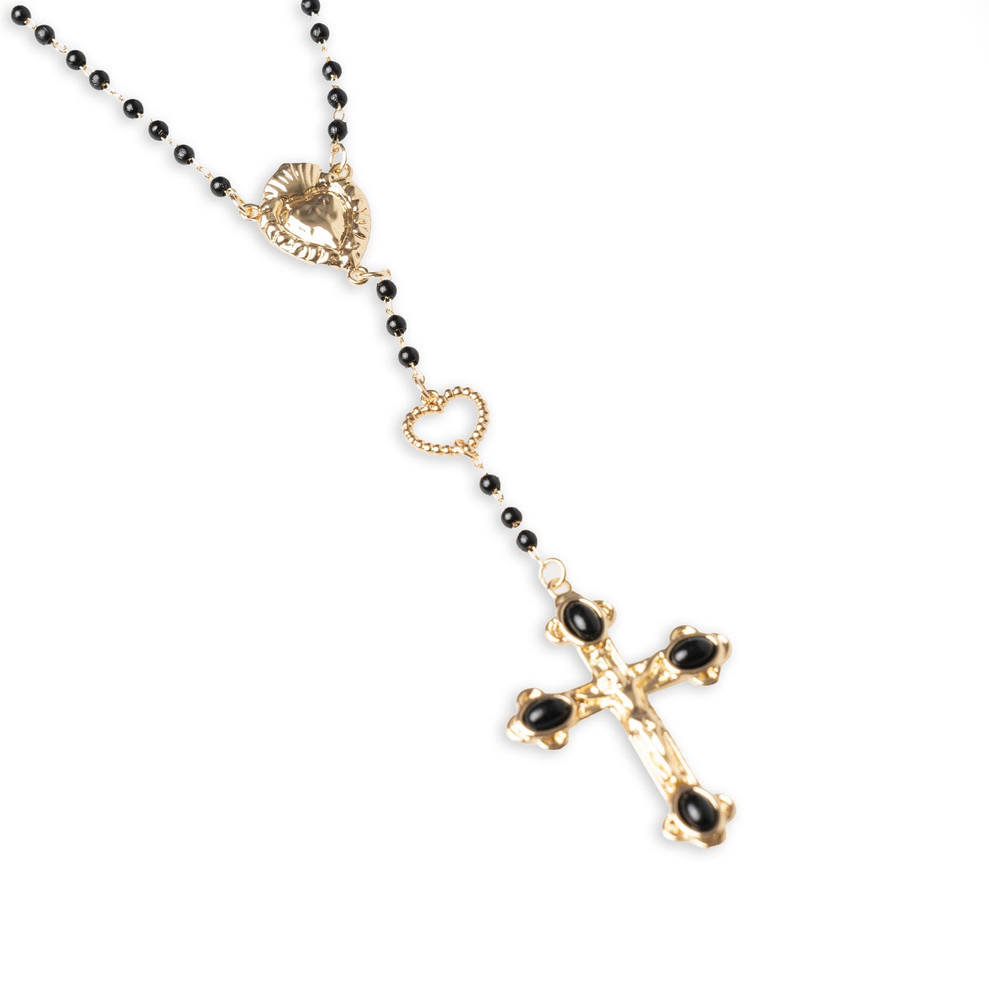 Collana a rosario con pietre in acrilico nere e pendente a croce in metallo