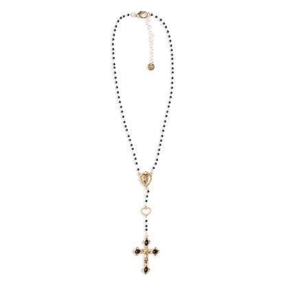 Collana a rosario con pietre in acrilico nere e pendente a croce in metallo