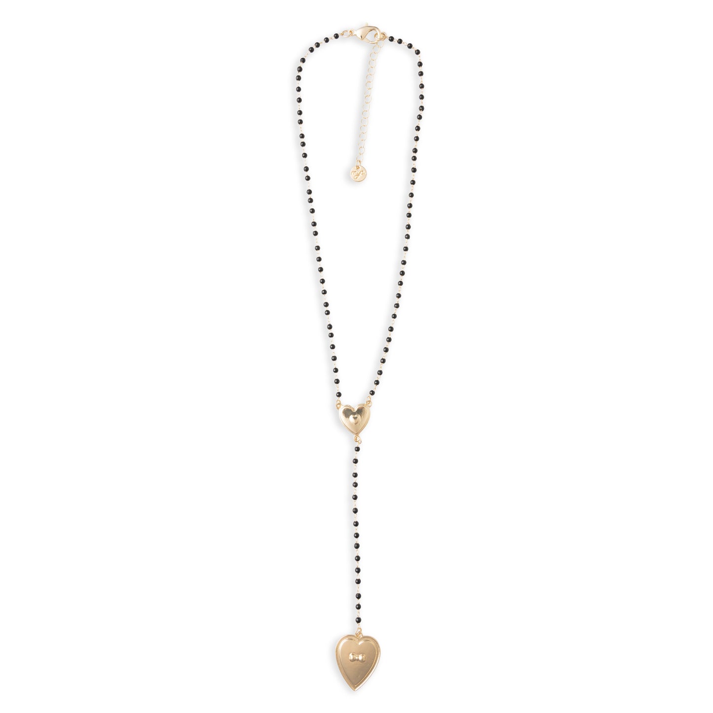 Collana a rosario con pietre in acrilico nere e pendente a cuore in metallo