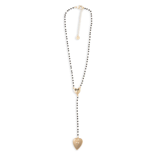 Collana a rosario con pietre in acrilico nere e pendente a cuore in metallo
