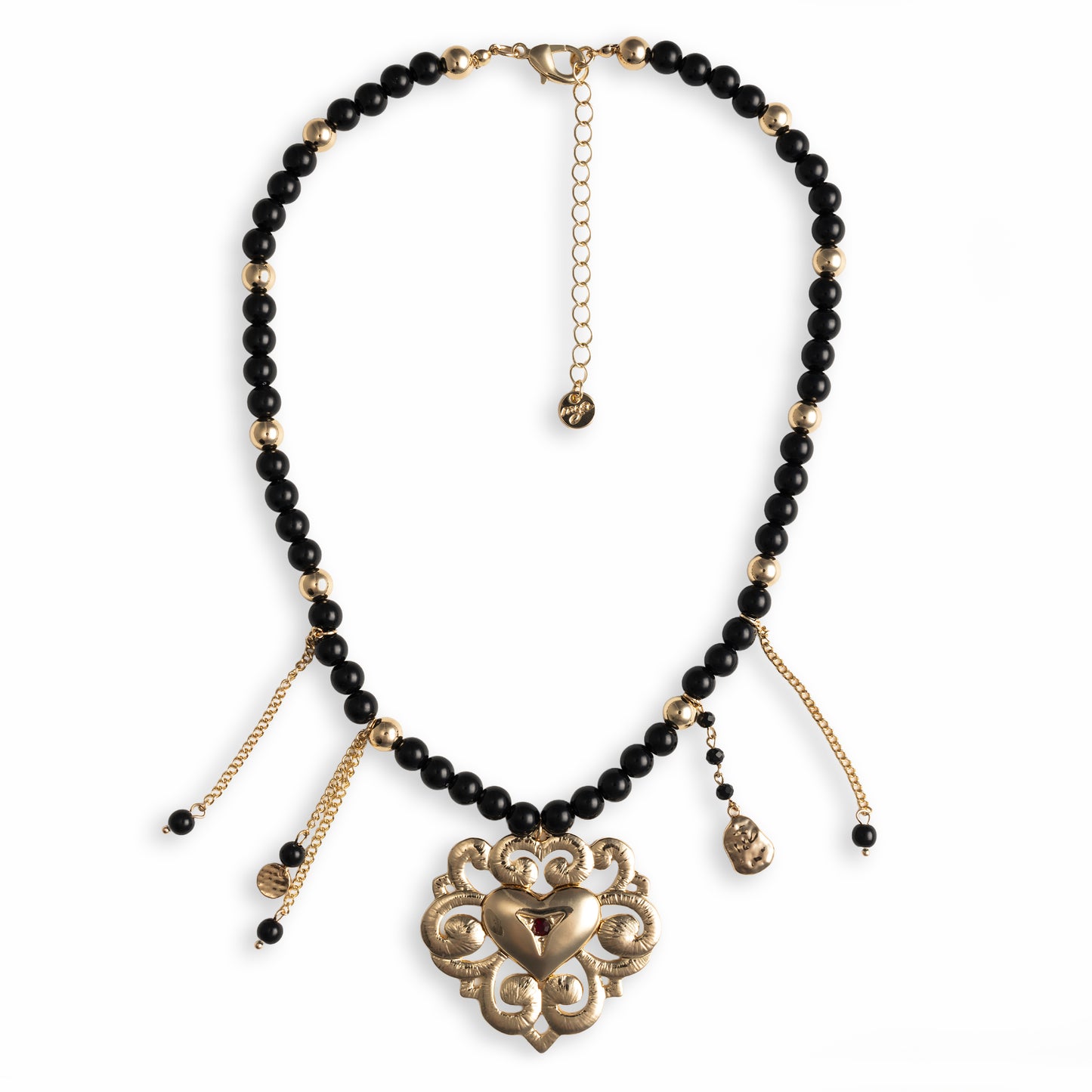 Collana girocollo con pietre in acrilico nere, pendente in metallo con design cuore sacro