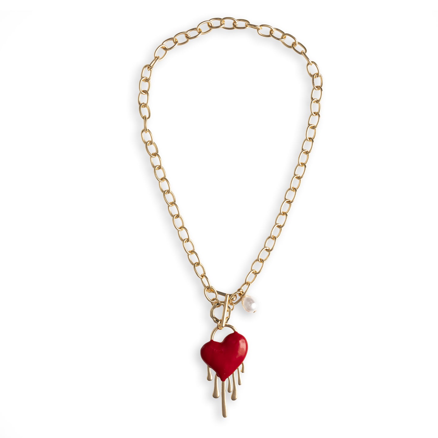 Collana girocollo a catena con pendente perla in acrilico e cuore smaltato rosso