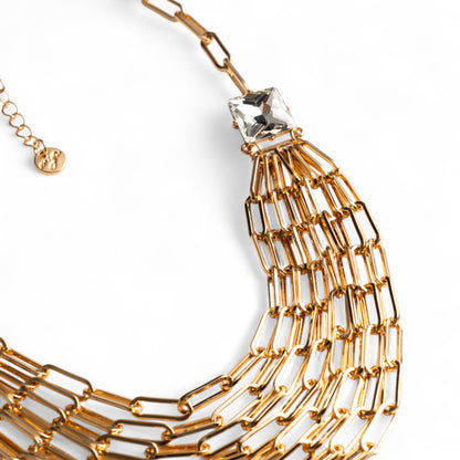 Collana girocollo a catena multifilo con due pietre in vetro tono crystal