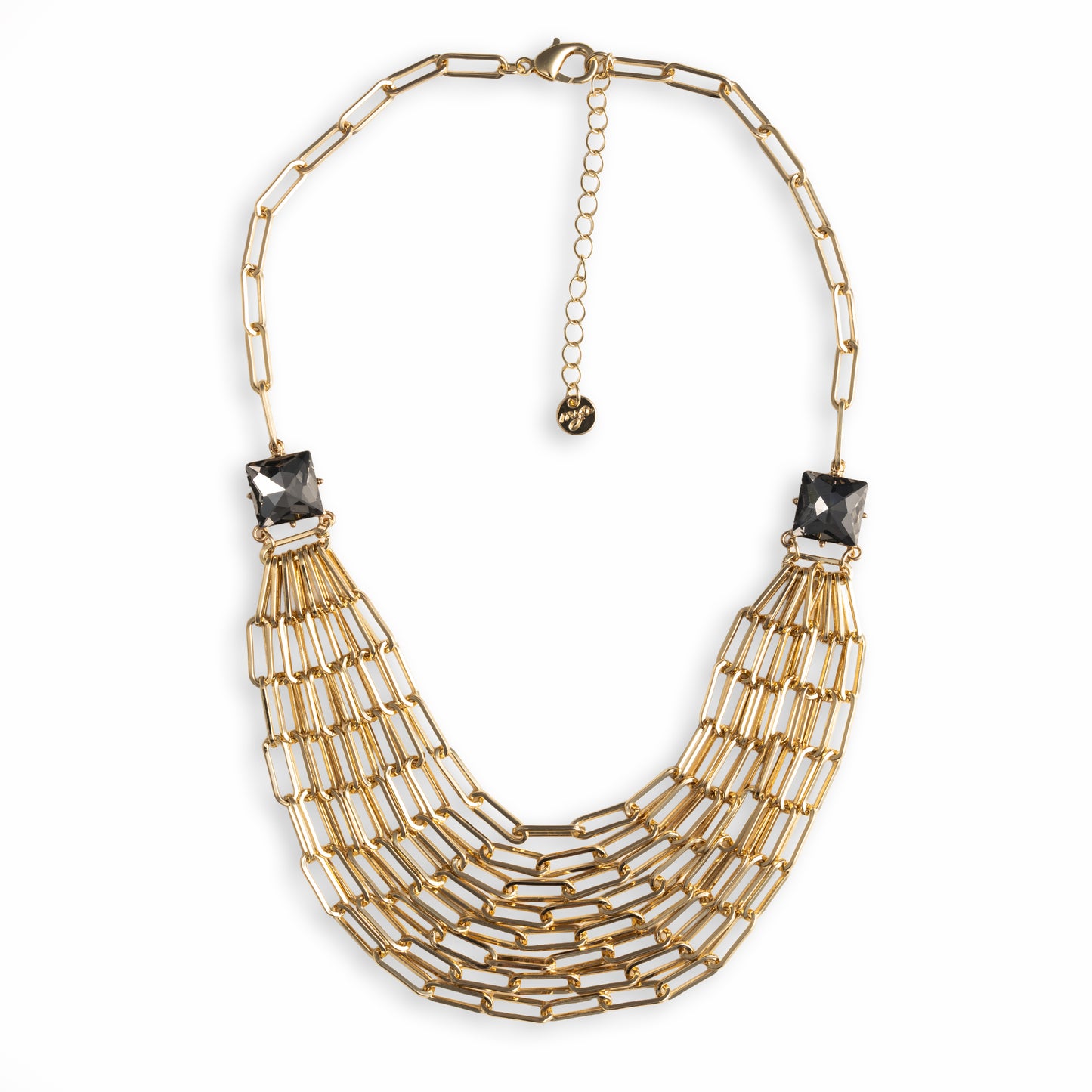 Collana girocollo a catena multifilo con due pietre in vetro tono grigio