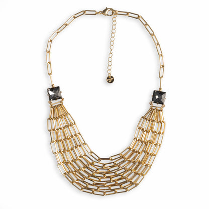 Collana girocollo a catena multifilo con due pietre in vetro tono grigio