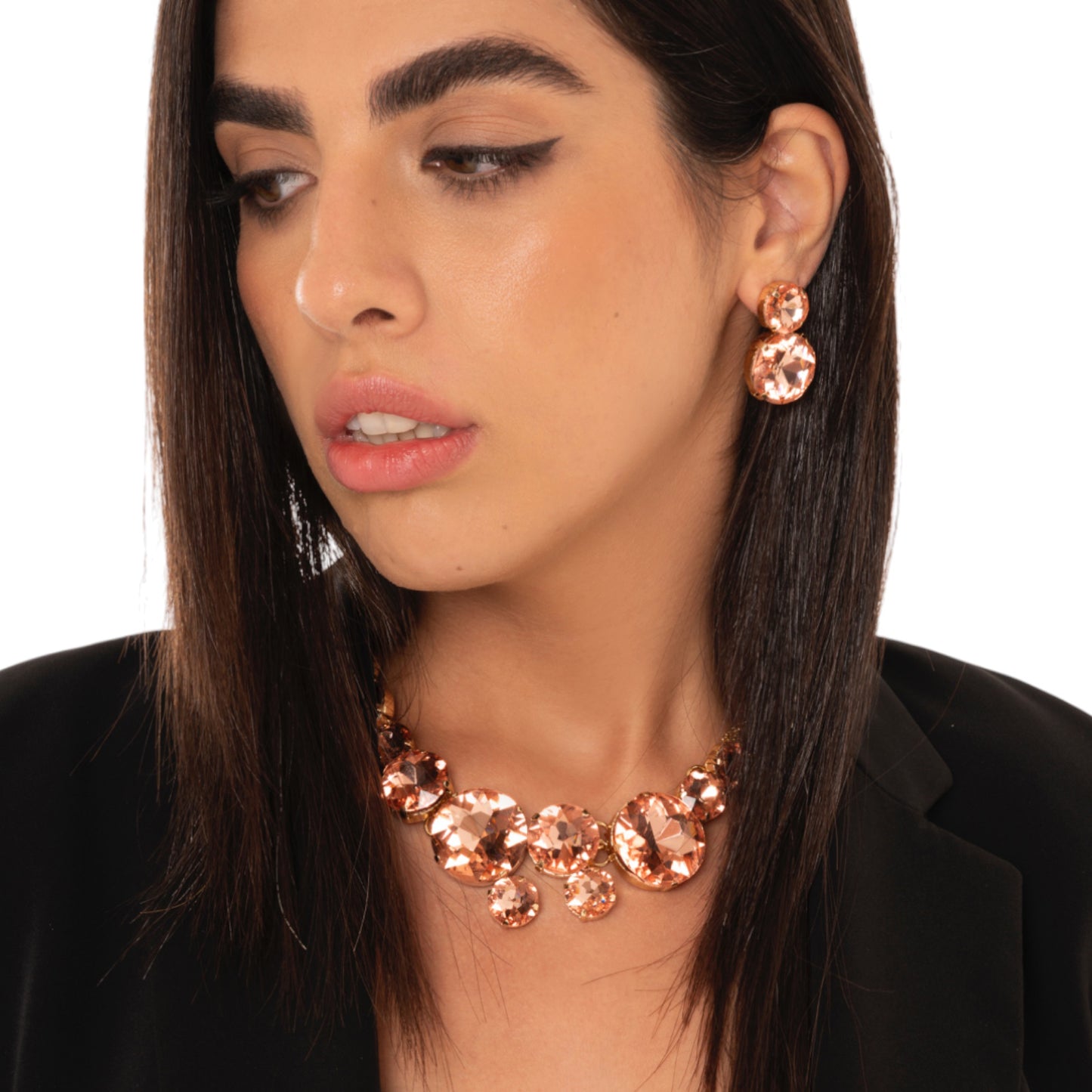 Collana girocollo con catena sottile multi e pietre circolari in vetro tono topazio