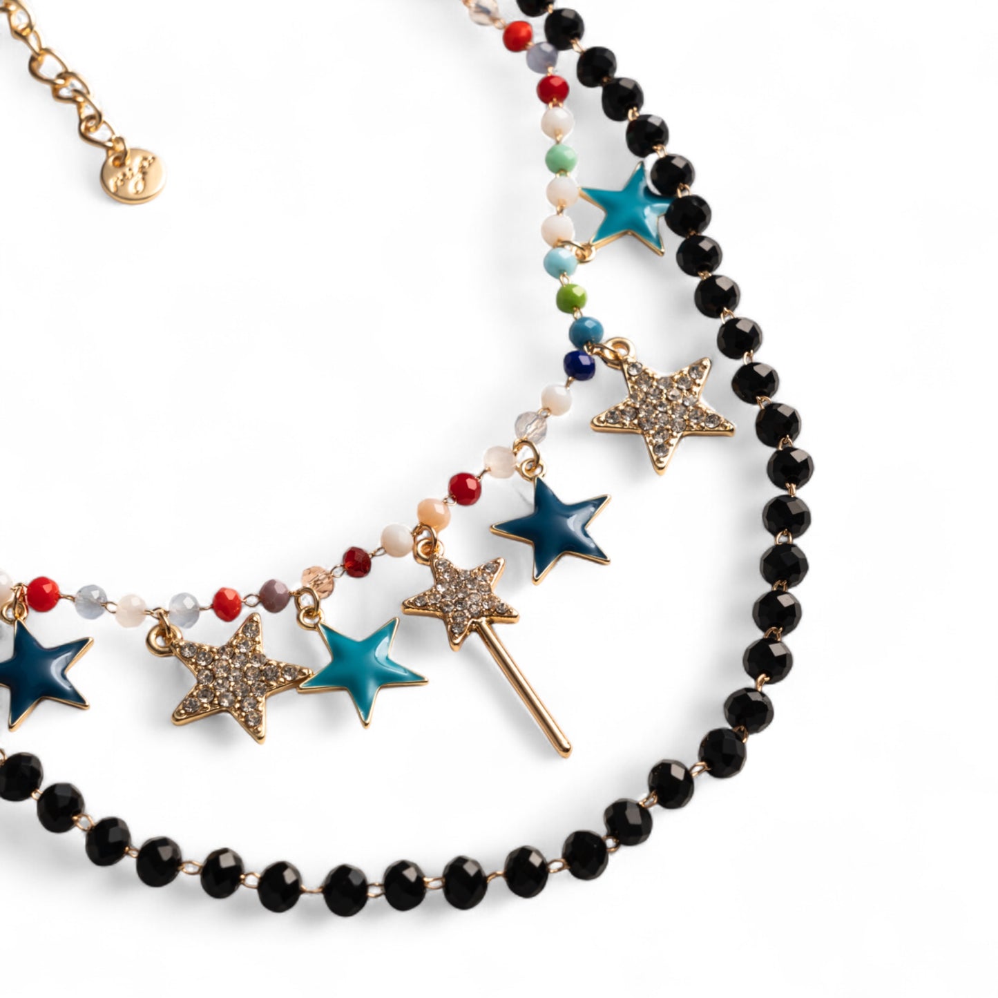 Collana a due fili con pietre in vetro nere e multicolore con stelline pendenti