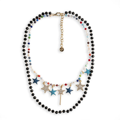 Collana a due fili con pietre in vetro nere e multicolore con stelline pendenti