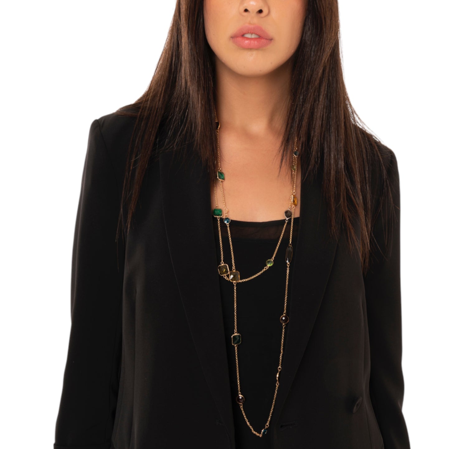 Collana a catena sottile lunga con pietre in vetro multicolore