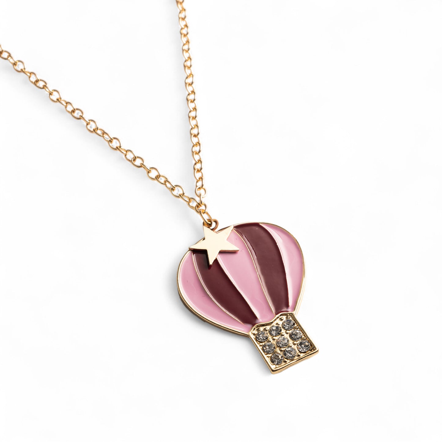 Collana girocollo a catena sottile con pendente a mongolfiera smaltata tono rosa