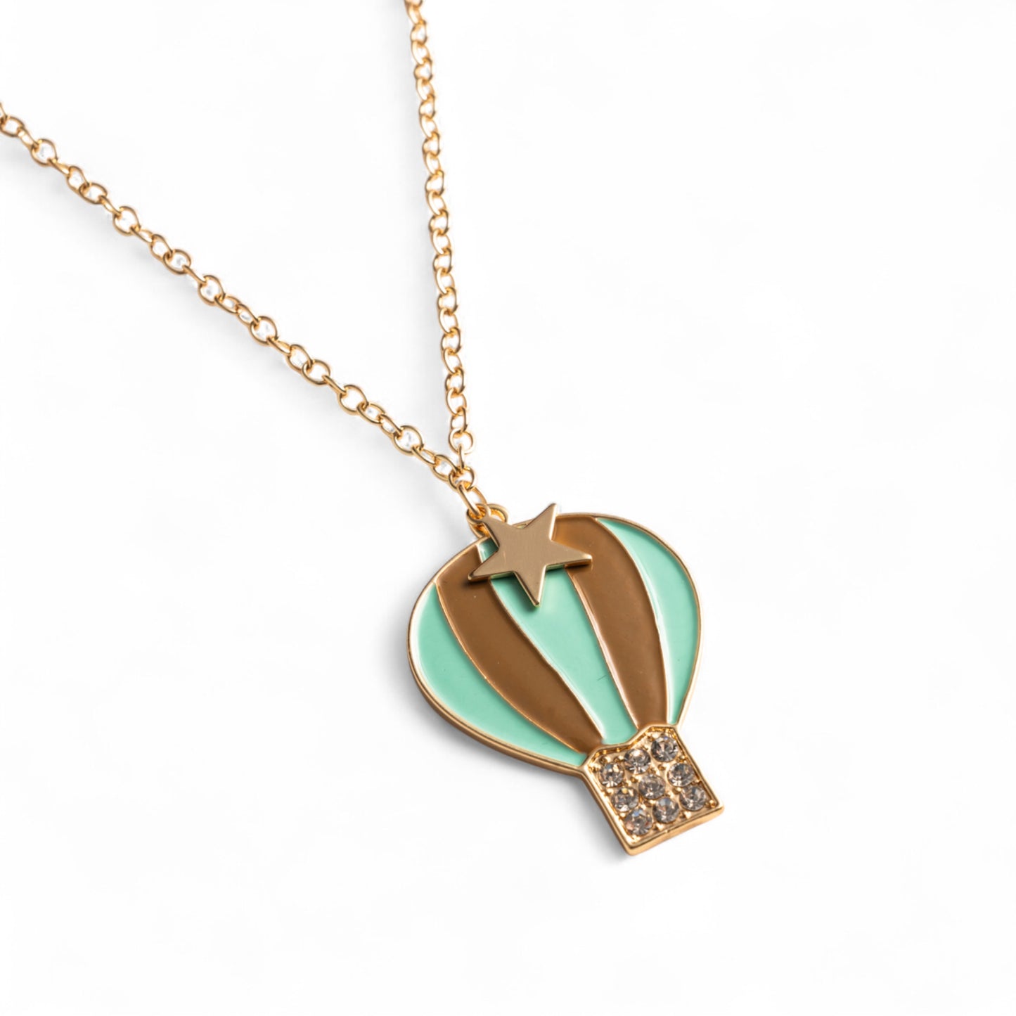 Collana girocollo a catena sottile con pendente a mongolfiera smaltata verde acqua ed oro