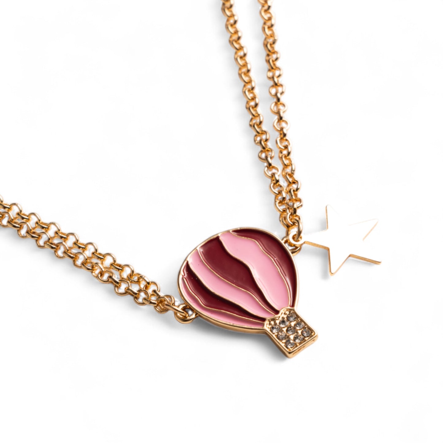 Collana girocollo a due fili con catena sottile e pendente a mongolfiera smaltata tono rosa