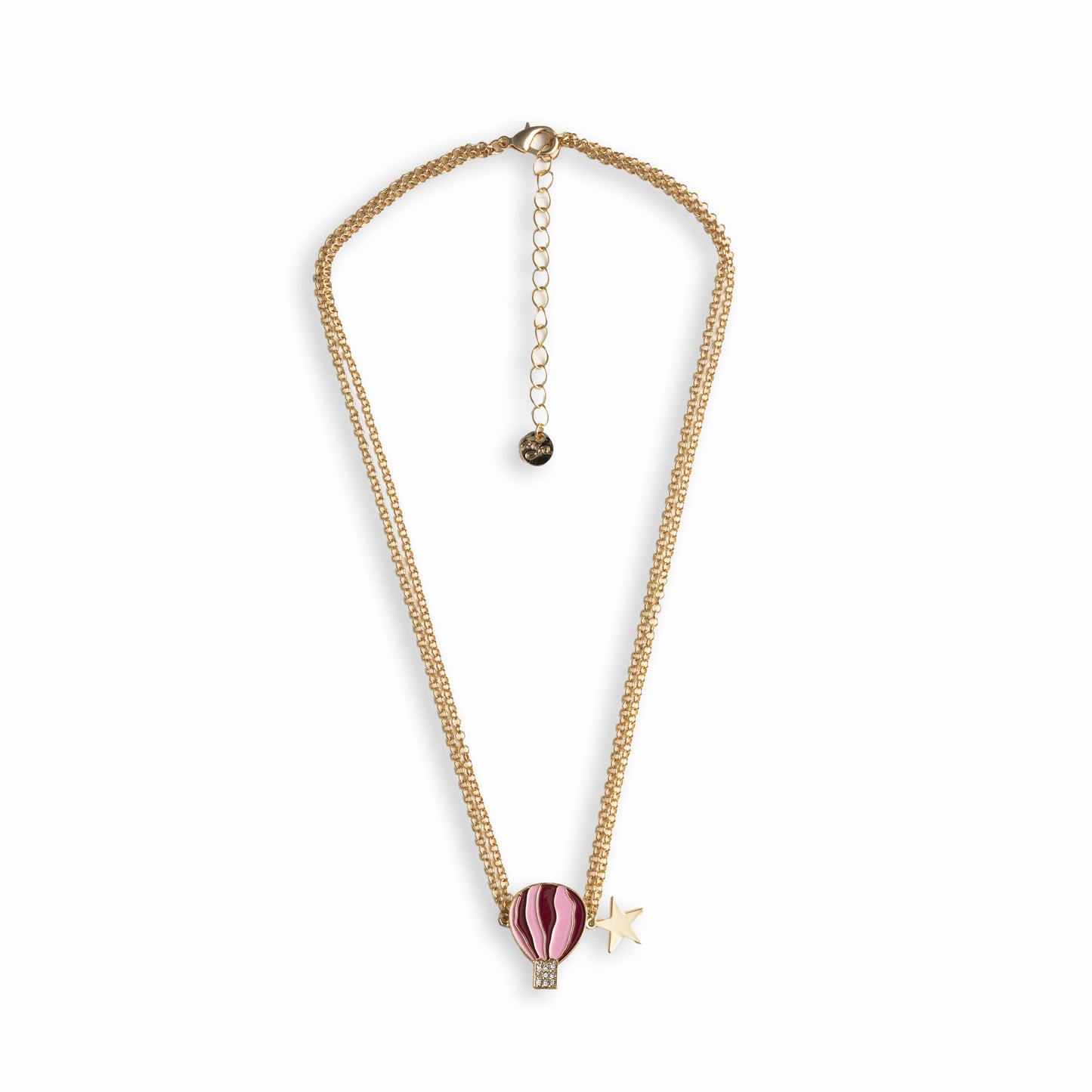 Collana girocollo a due fili con catena sottile e pendente a mongolfiera smaltata tono rosa