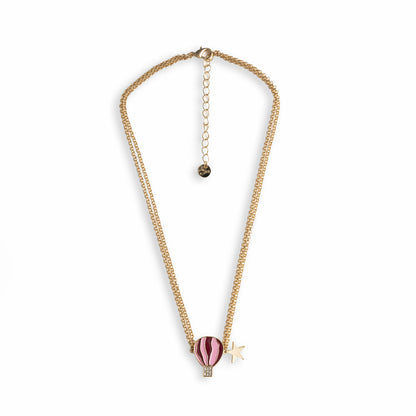 Collana girocollo a due fili con catena sottile e pendente a mongolfiera smaltata tono rosa