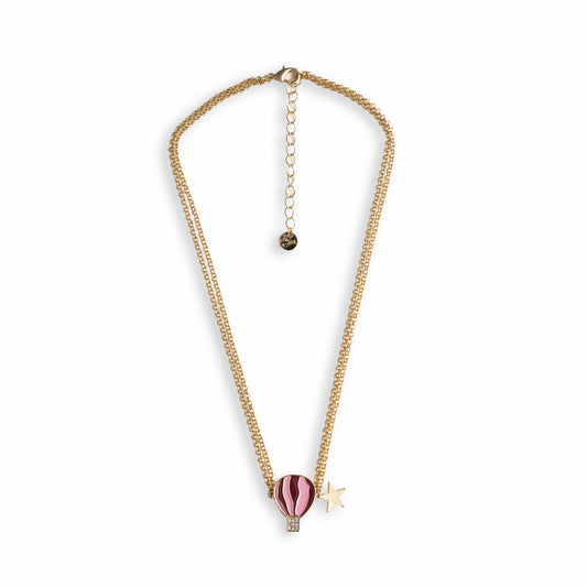 Collana girocollo a due fili con catena sottile e pendente a mongolfiera smaltata tono rosa