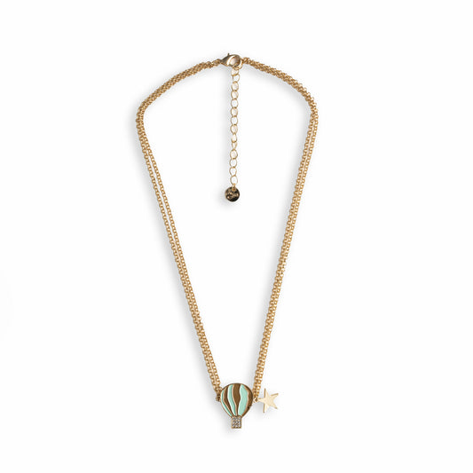 Collana girocollo a due fili con catena sottile e pendente a mongolfiera smaltata verde acqua ed oro