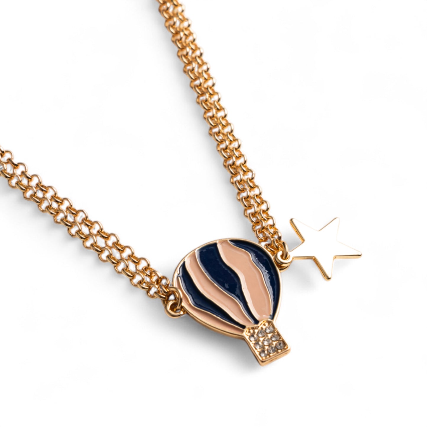 Collana girocollo a due fili con catena sottile e pendente a mongolfiera smaltata tono blu