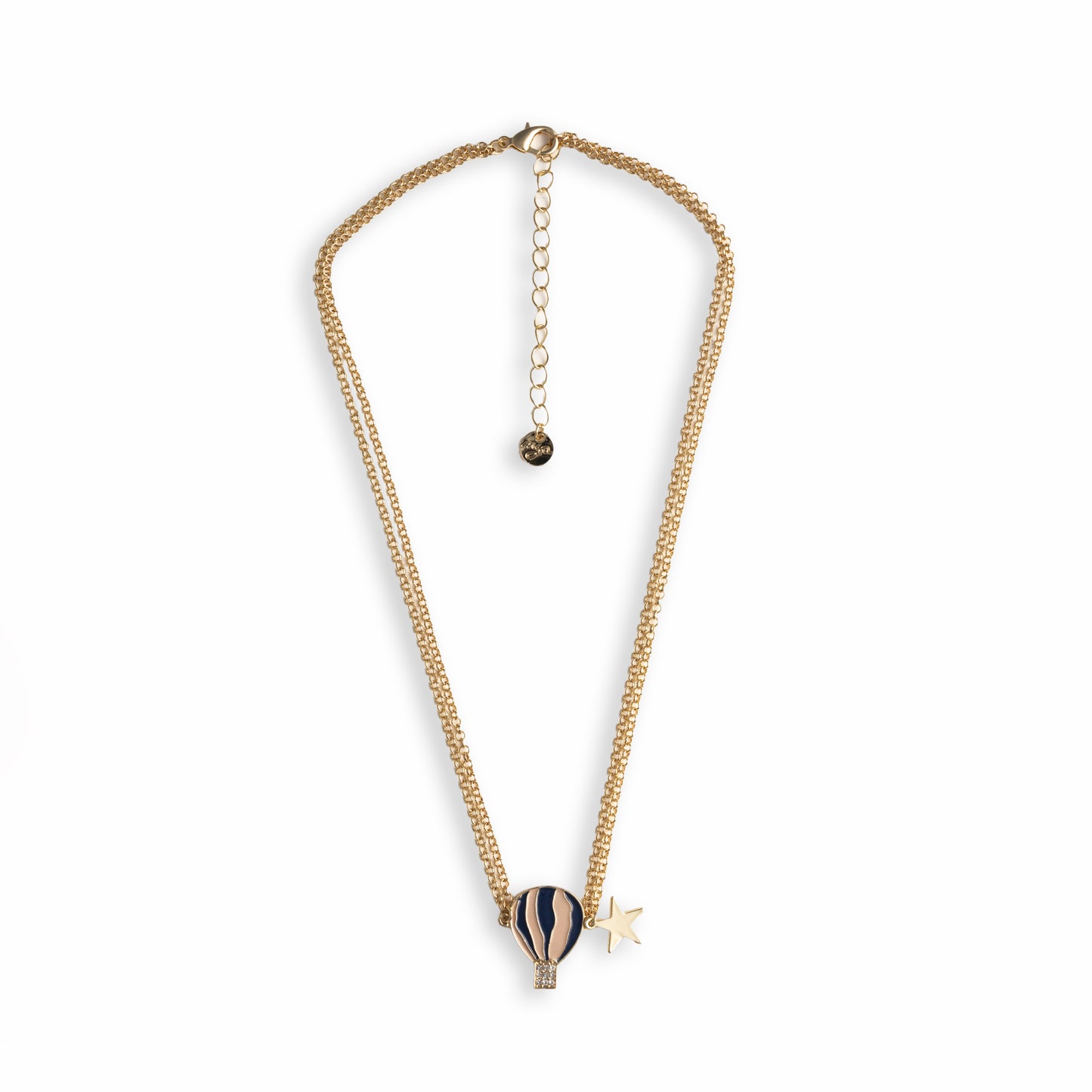 Collana girocollo a due fili con catena sottile e pendente a mongolfiera smaltata tono blu