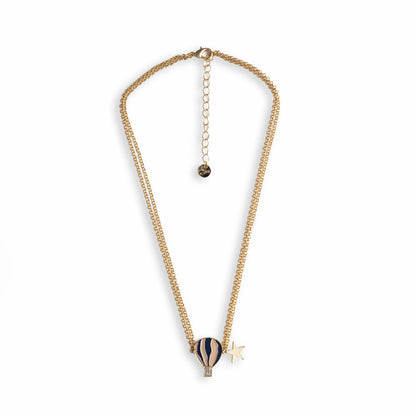 Collana girocollo a due fili con catena sottile e pendente a mongolfiera smaltata tono blu