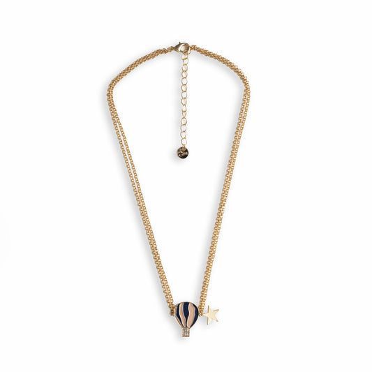 Collana girocollo a due fili con catena sottile e pendente a mongolfiera smaltata tono blu