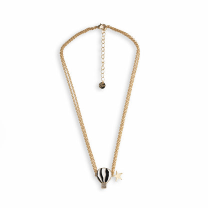 Collana girocollo a due fili con catena sottile e pendente a mongolfiera smaltata bianca e nera