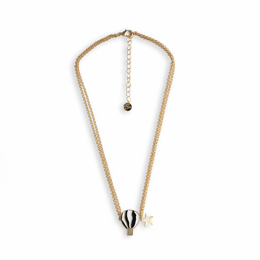 Collana girocollo a due fili con catena sottile e pendente a mongolfiera smaltata bianca e nera