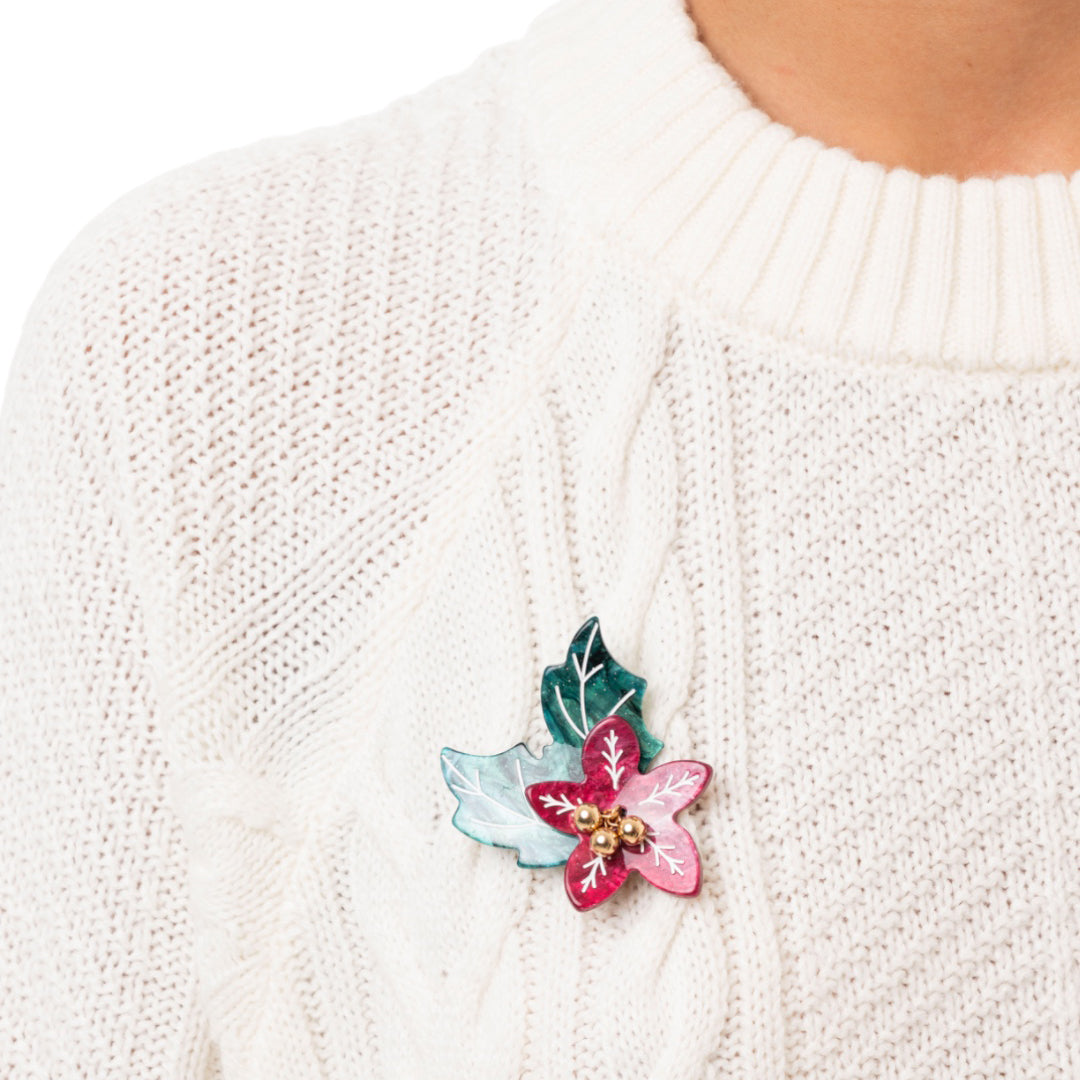 Spilla con base in metallo, design a fiore di natale in acrilico