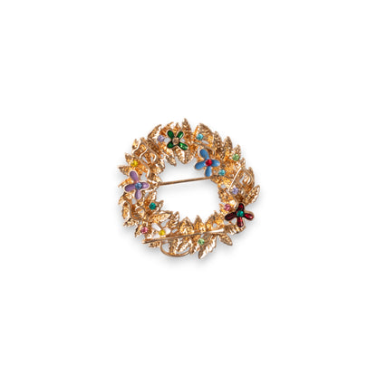 Spilla in metallo a forma di ghirlanda di natale con piccole pietre in vetro multicolore