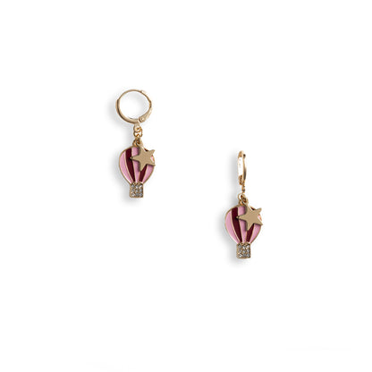Orecchini a cerchietto con pendente a mongolfiera smaltata tono rosa