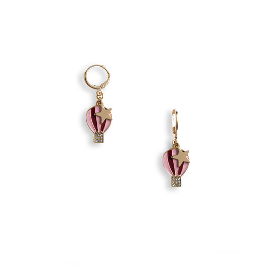 Orecchini a cerchietto con pendente a mongolfiera smaltata tono rosa