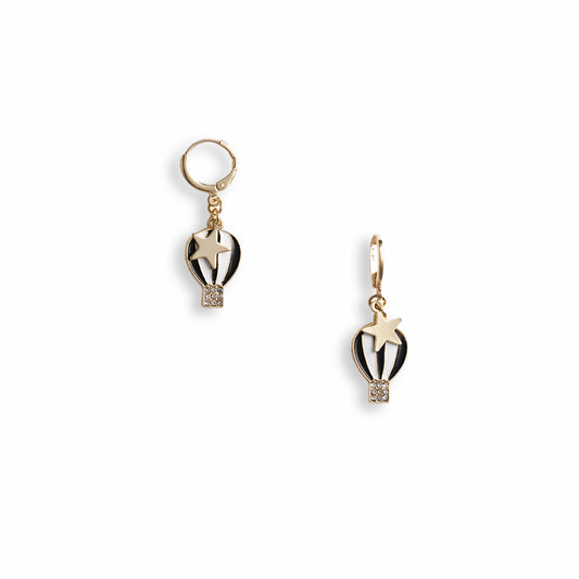 Orecchini a cerchietto con pendente a mongolfiera smaltata bianca e nera