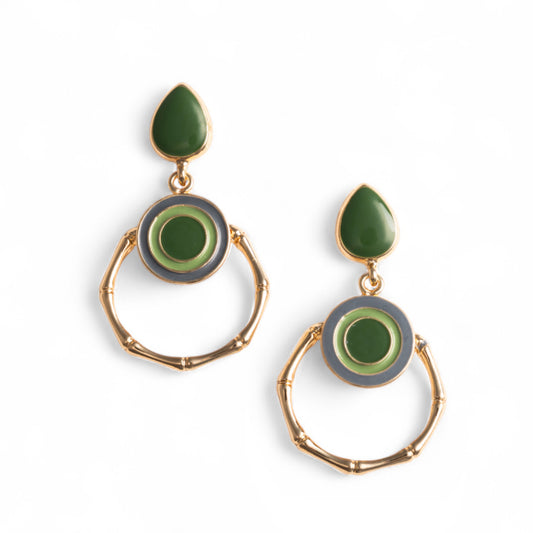 Orecchini pendenti in metallo design occhio greco, smaltati tono verde