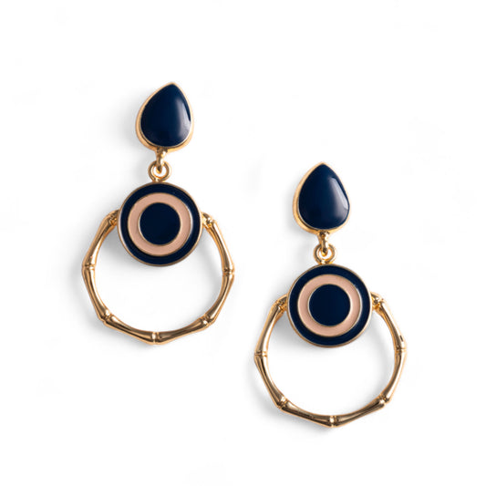 Orecchini pendenti in metallo design occhio greco, smaltati tono blu