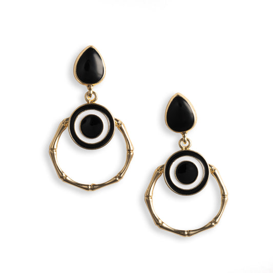 Orecchini pendenti in metallo design occhio greco, smaltati bianco e nero