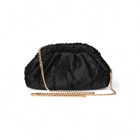 Borsa clutch in tessuto nero in tessuto nero con ricami a rilievo