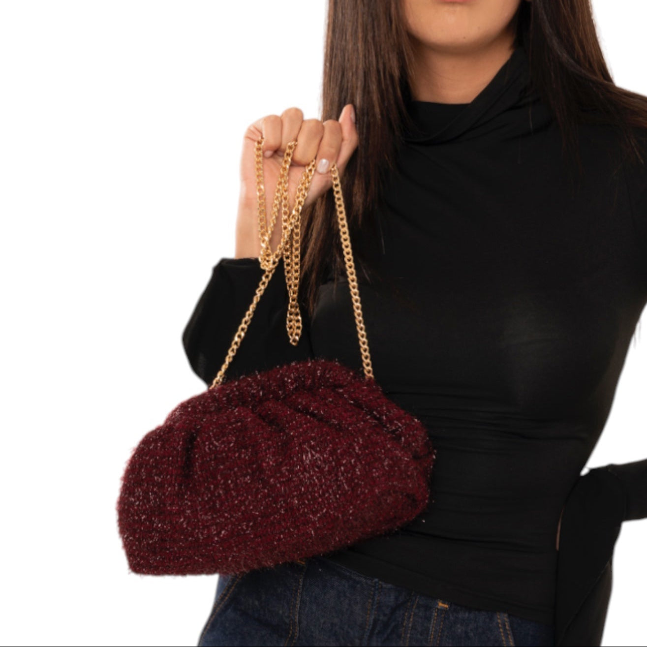 Borsa clutch in tessuto morbido bordeaux