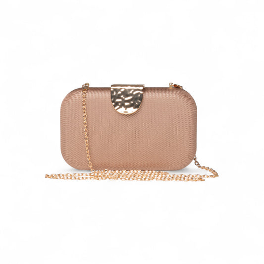 Borsa in tessuto beige rigida, chiusura con placchetta in metallo