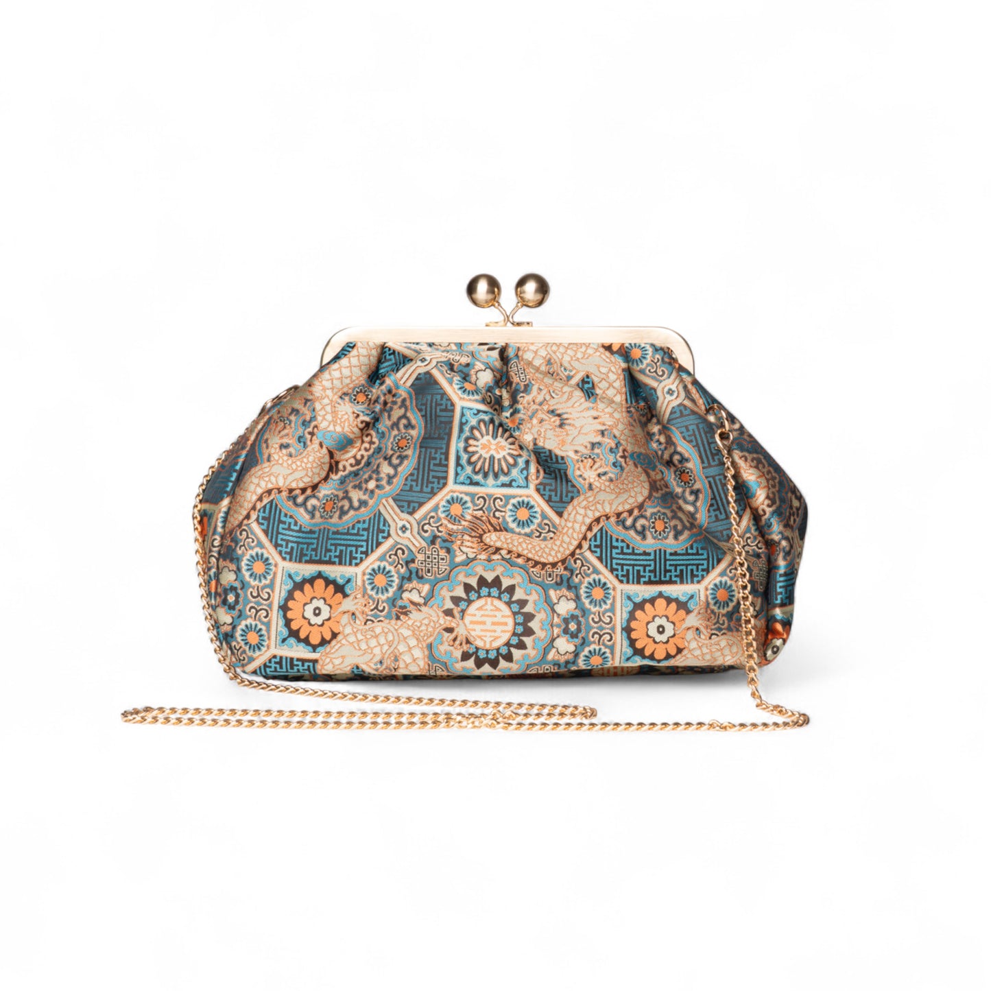 Borsa a caramella in tessuto con stampa tono beige/azzurro