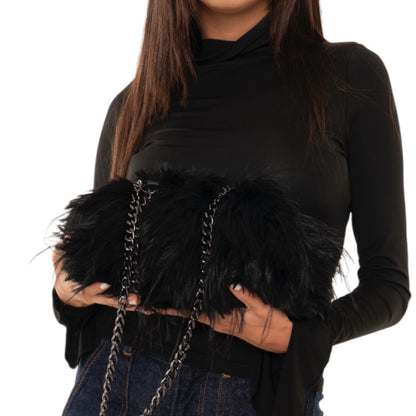 Borsa clutch a pelo lungo morbida nera