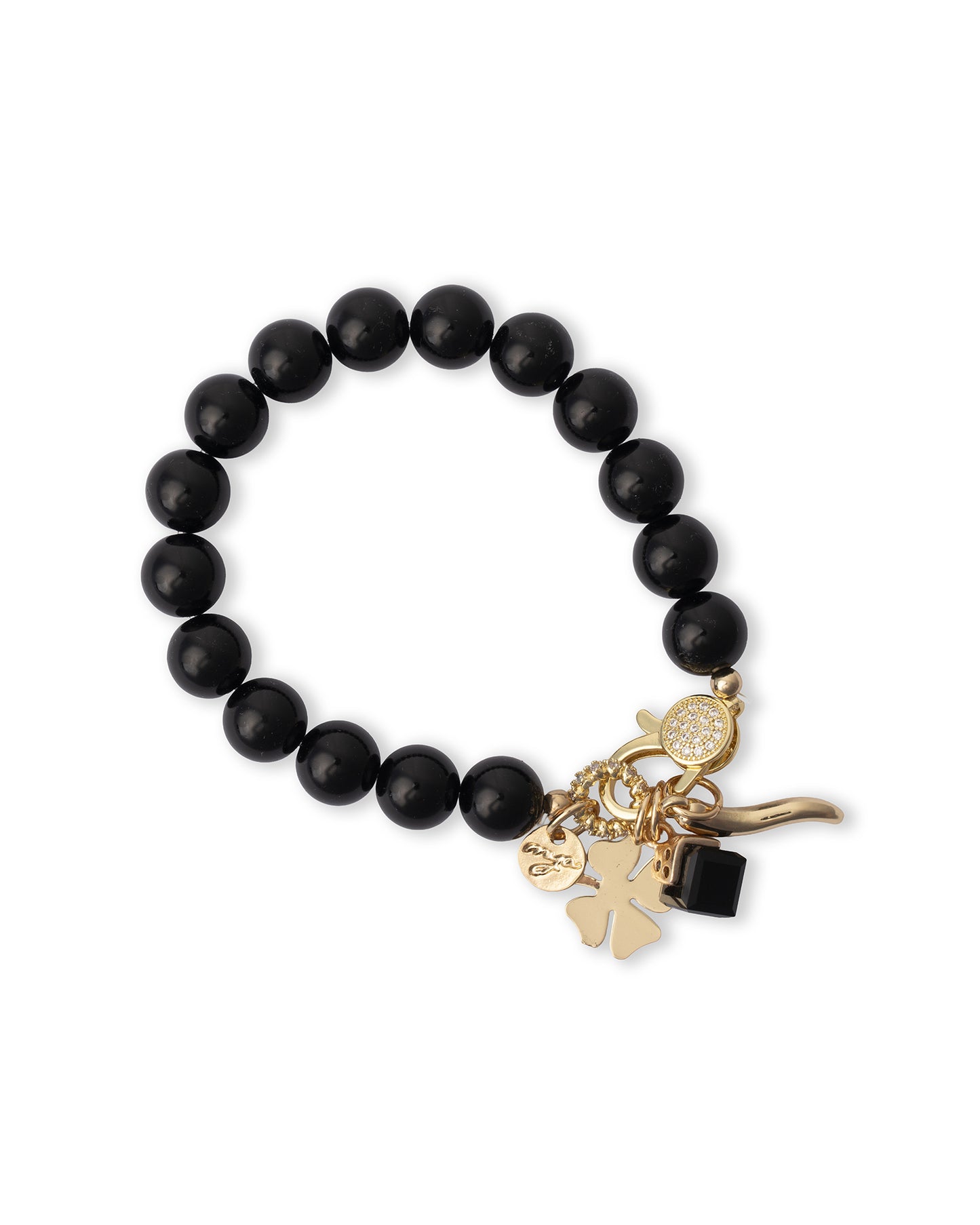 Bracciale con sfere in vetro nere e charms pendenti in metallo