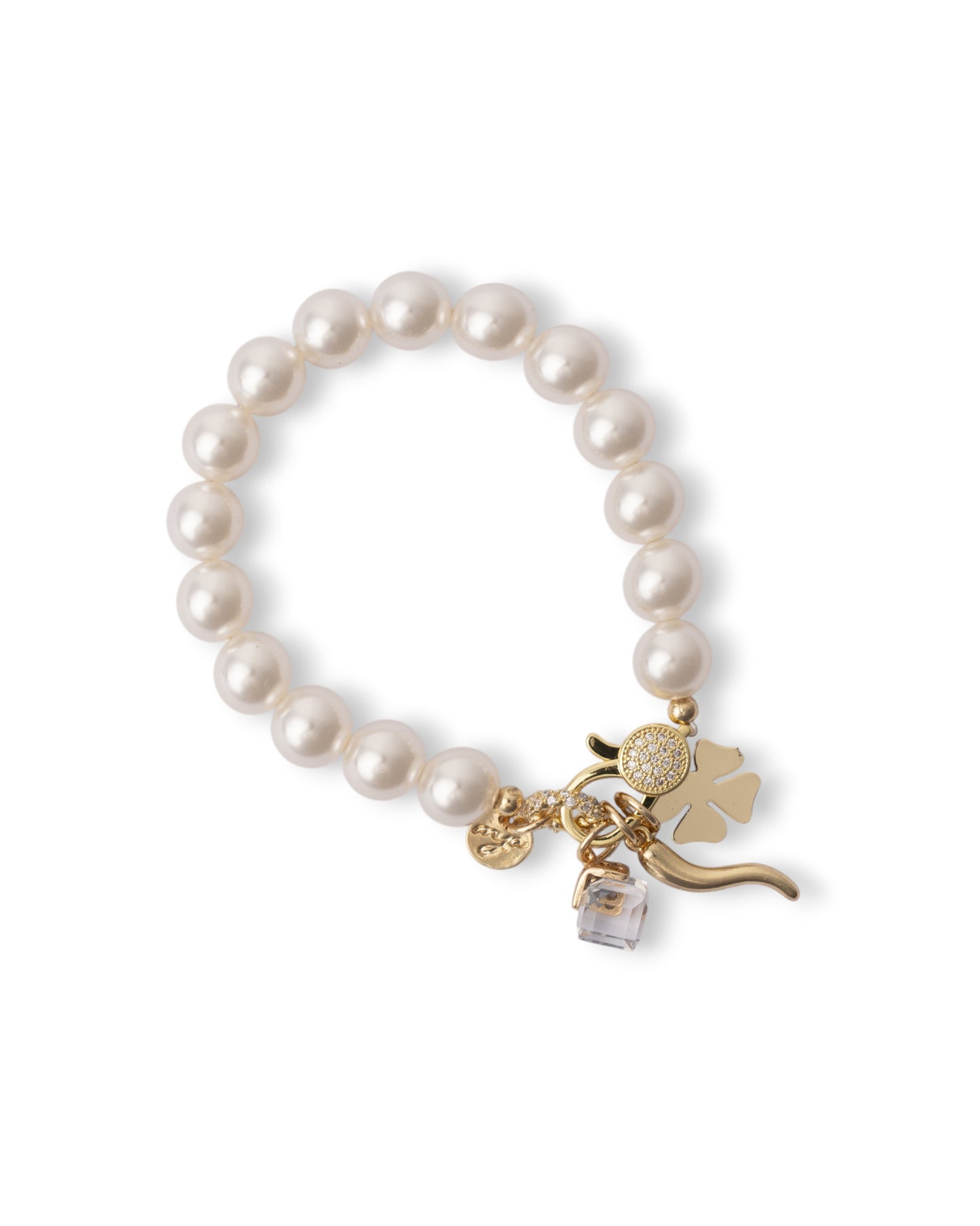 Bracciale con sfere in vetro perlate e charms pendenti in metallo