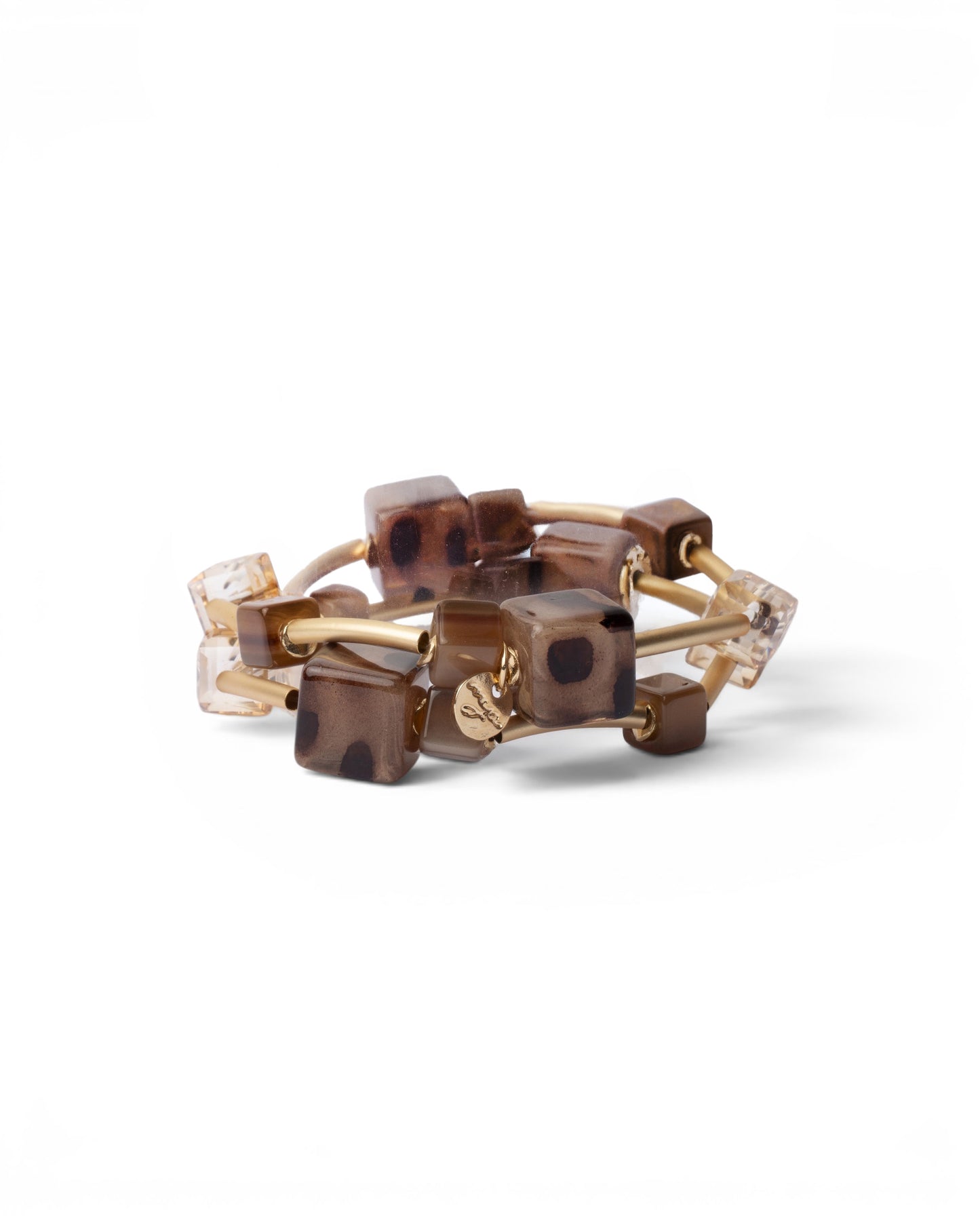 Bracciale elastico in metallo con pietre a cubo in resina animalier tono marrone