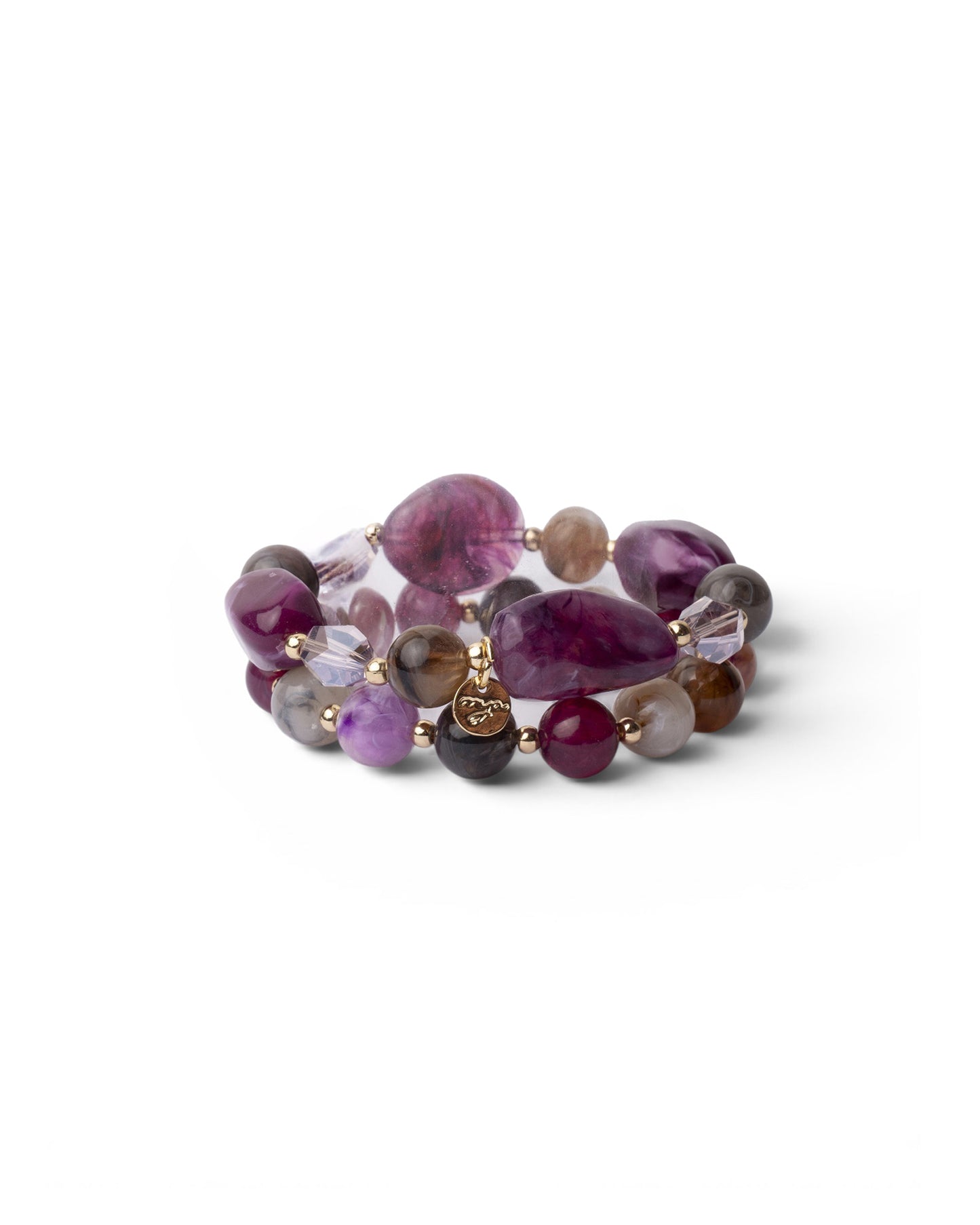 Bracciale elastico a due fili con pietre in acrilico e vetro tono viola