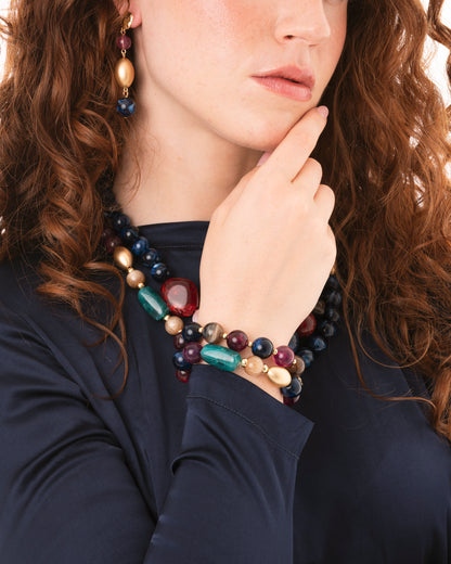 Bracciale elastico a due fili con pietre in acrilico blu e viola