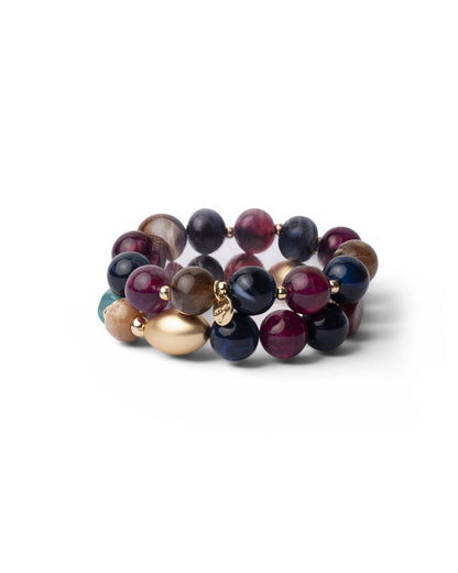 Bracciale elastico a due fili con pietre in acrilico blu e viola