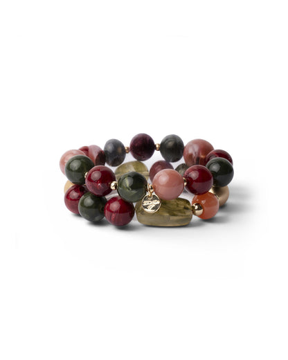Bracciale elastico a due fili con pietre in acrilico verde e rosso
