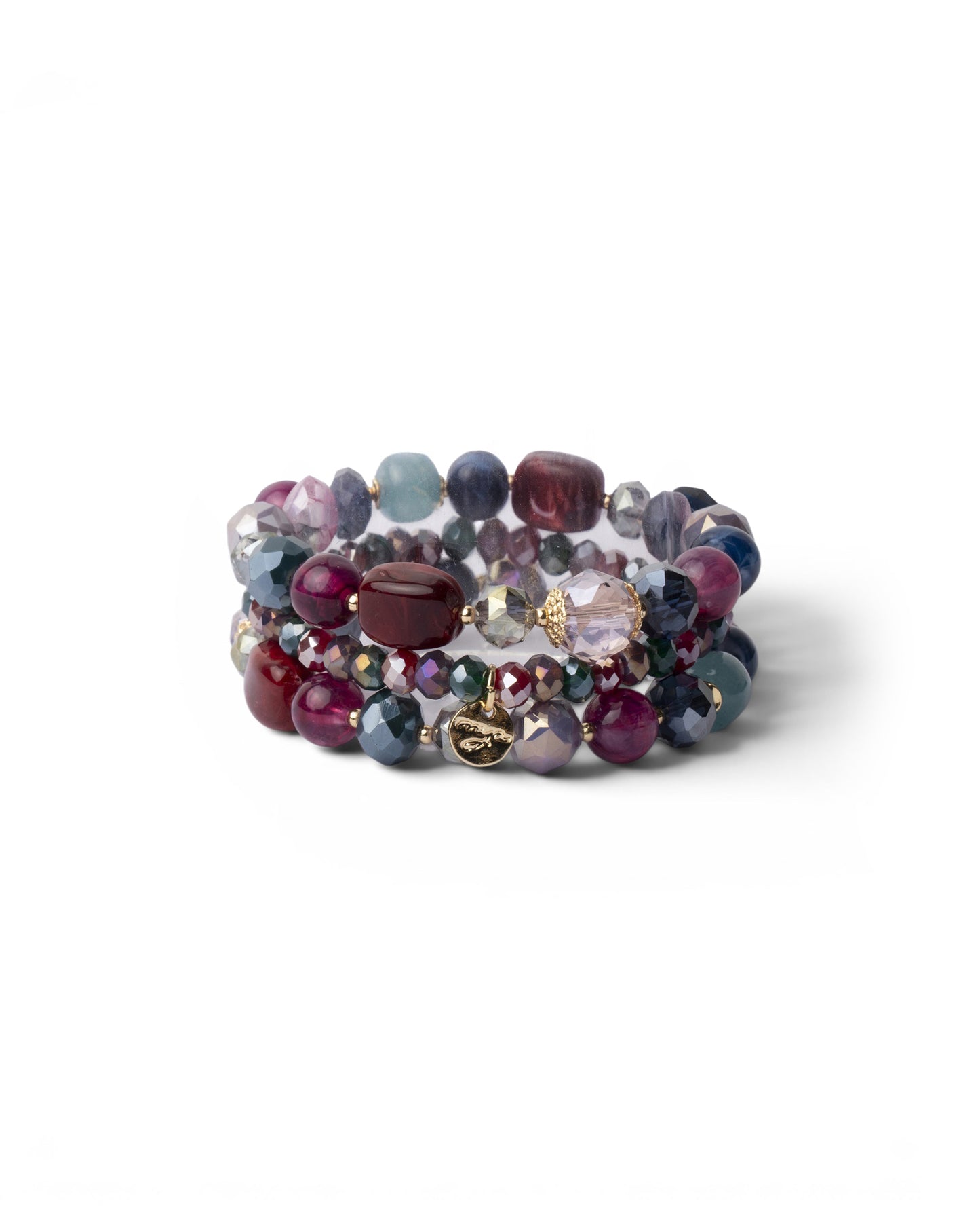 Bracciale elastico a tre fili con pietre in vetro ed acrilico tono blu e rosso