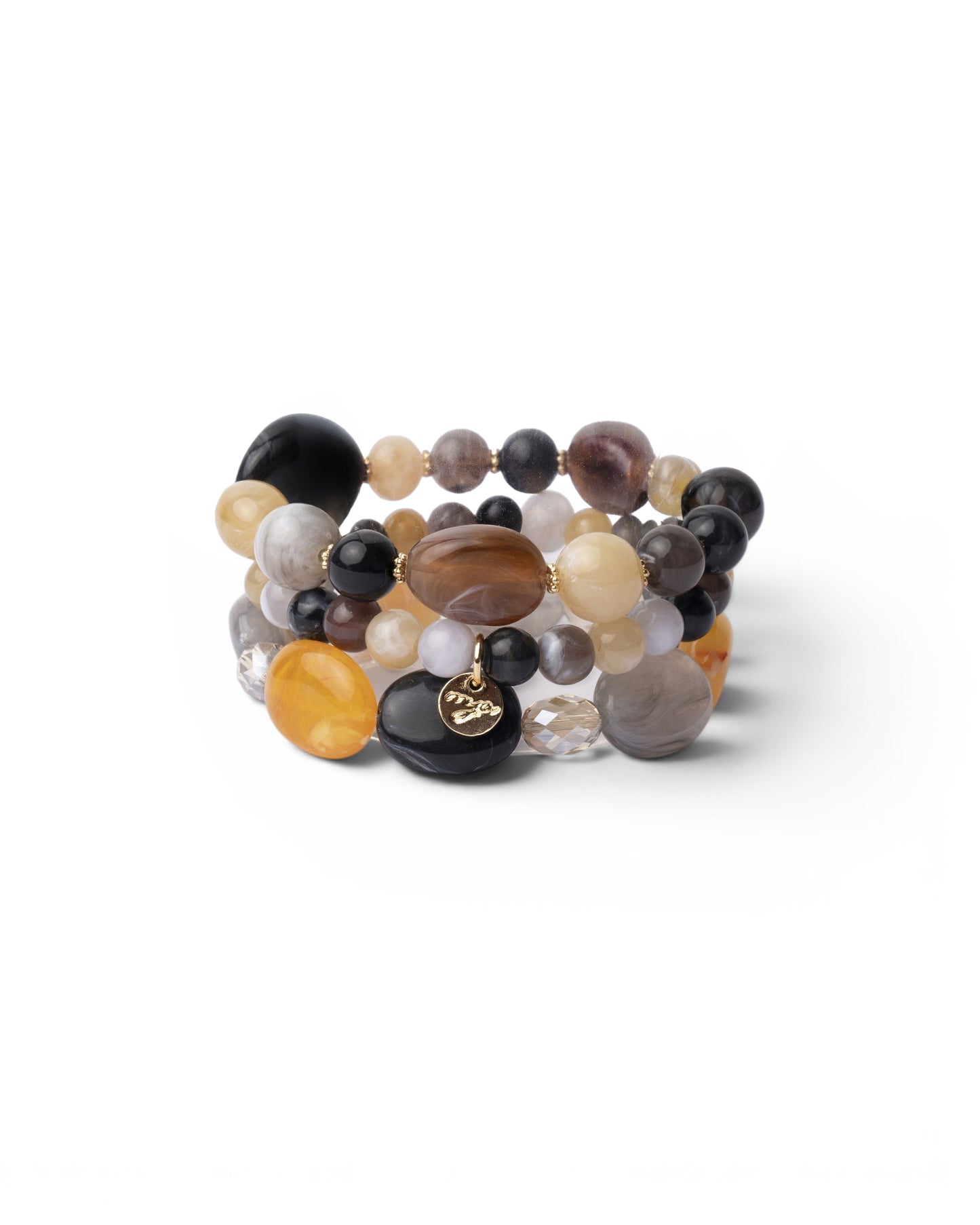 Bracciale elastico a tre fili con pietre in acrilico tono grigio e giallo