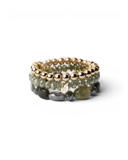 Bracciale elastico multi filo con pietre in acrilico e vetro tono verde