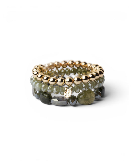 Bracciale elastico multi filo con pietre in acrilico e vetro tono verde